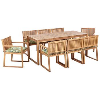 Conjunto De Jardín 8 Plazas Rústico De Madera De Acacia Certificada Sillas Con Cojines De Asiento Verde Motivo Hojas Sassari Ii