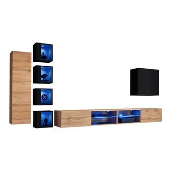 Conjunto De Muebles De Salón Switch Xxvi – Roble Y Negro – Led Integrados & Sistema Push To Open