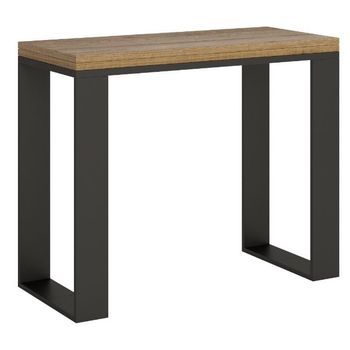 Consola Pequeña Extensible En Madera Y Acero Antracita Noceta 90x45/90 Cm-color Natural