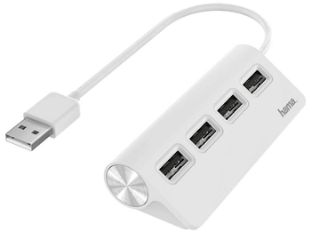 Hub - Hama 00200120, USB 2.0, Para portátiles, Plug & Play, 4x Puertos USB, Blanco