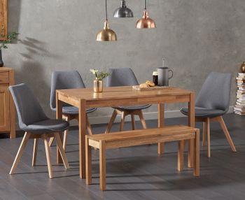 Oxford 120cm Solid Oak Dining Table with 2 Duke Fabric Chairs and Oxford Bench
