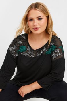 Yours Top Negro Y Verde Con Panel Floral Con Lentejuelas, Mujer Curvy Y Tallas Grandes, Yours