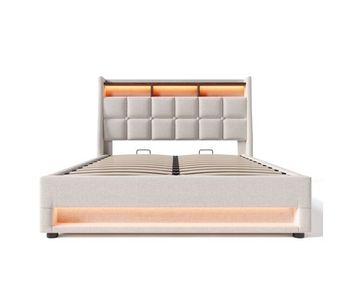 Cama con almacenaje de lino 140x200 cm con led y puertos usb - somier - beige