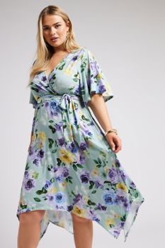 Yours London Vestido Verde Floral Con Bajo Asimétrico, Mujer Curvy Y Tallas Grandes, Yours London