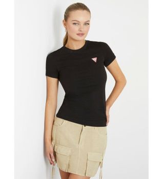Guess para mujer. W2YI44J1314 Camiseta elástica con logotipo triángulo pequeño negro (S), Casual, Algodón, Manga corta
