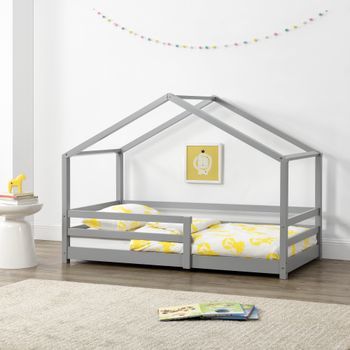 Cama Para Niños - 90 X 200 Cm - Cama Infantil Con Somier - Estructura De Madera Pino - En Diseño De Casa - Con Reja De Seguridad - Protección - Gris Claro Lacado Mate [en.casa]®