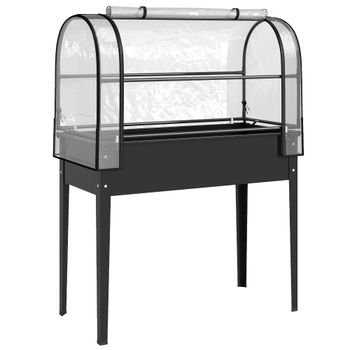 Outsunny Huerto elevado con accesorio invernadero, cajón de cultivo con cubierta abatible enrollable, puerta con cremallera, orificio de drenaje, Negro   Aosom España