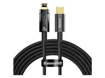 Cable USB-C a Lightning - Baseus Explorer, Lightning, 2m, 20W, Apagado automático, Carga ultrarrápida, Negro