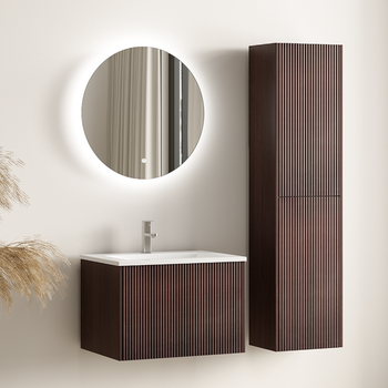Mueble De Baño Suspendido Con Lavabo 60 Cm Nogal Frente Estriado - Lavabo Blanco - Lomazoo Rovani