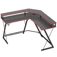 homcom escritorio esquinero con enchufes en forma de l 128x128 cm con soporte para monitor gancho y portavasos negro