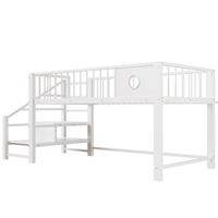 litera baja de 90x200 cm infantil con escalera y espacio de almacenamiento de metal blanca