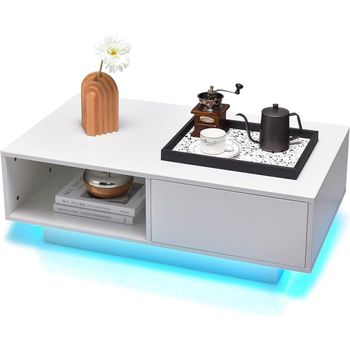 Costway Mesa de Café LED Mesa de Centro Moderna de Alto Brillo con Compartimento Abierto y Cajón Mesa Central con Luces y Control Remoto