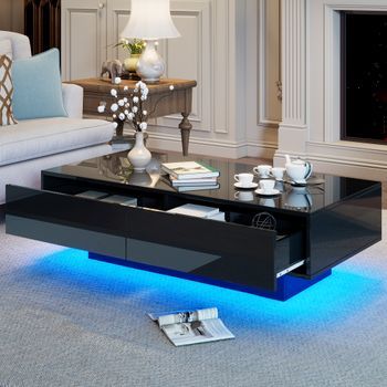 Mesa De Centro Negra Brillante 115 X 55 X 34 Cm Con Iluminación Led