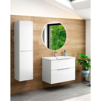 Mueble De Baño Suspendido Con Lavabo Cerámico | 2 Cajones Con Cierre Amortiguado Y Organizador | 80 Cm - Blanco Brillo - Cromo Brillo