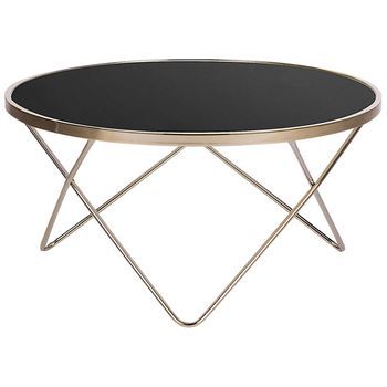 Mesa De Centro Tablero De Cristal Templado Negro Patas De Horquilla De Metal Dorado Forma Redonda Meridian Ii