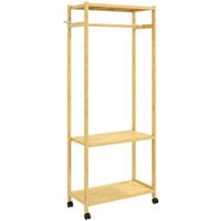 homcom perchero de pie con barra estantes y 4 ruedas en bambu 70x35x175 cm madera natural   aosom espana