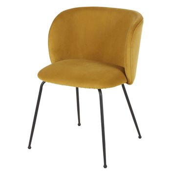 Silla de comedor de terciopelo ocre y patas de acero negro