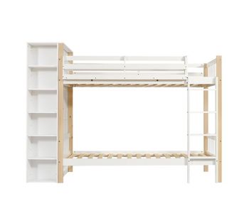 Litera infantil 90x200cm - con protección contra caídas y barrera, con escalera de 4 peldaños, 6 estantes abiertos, armario lateral - blanco+natural