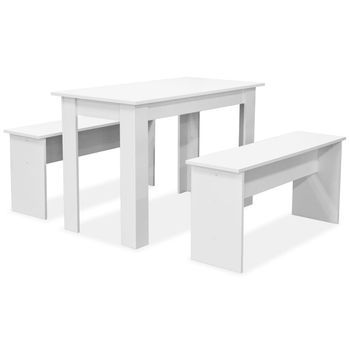 Mesa De Comedor - Mesa De Cocina Y Bancos 3 Piezas Madera Contrachapada Blanca