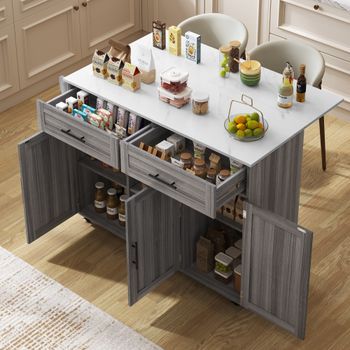 Carrito De Cocina De 129 X 46 (71) X 91,5 Cm, Tapa Plegable, Estantes En La Puerta, 5 Ruedas, 2 Cajones, Gris Y Blanco.