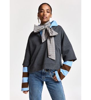 Essentiel Antwerp para mujer. KANTELOU Sudadera de algodón a capas con mangas a rayas gris oscuro (S), Casual, Manga larga