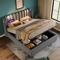 cama de 160x200 cm cabecero con lampara de lectura y puerto usb almacenamiento hidraulico terciopelo gris sin colchon
