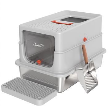 PawHut Arenero para Gatos de Acero Inoxidable XL con Tapa Borde Alto 2 Entradas Escalón Pala Diseño Desmontable Gris Claro   Aosom España