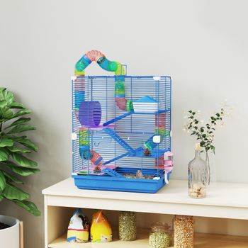 Jaula para hámsteres y jerbos Pawhut de 5 pisos, hábitat de alambre metálico seguro con túneles, rueda, casa y escaleras, 46 x 30 x 58 cm, azul