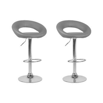 Conjunto De 2 Taburetes De Bar Tapizados En Piel Sintética Gris Reposapiés Giratorio Elevador De Gas Altura Ajustable Minimalista Peoria