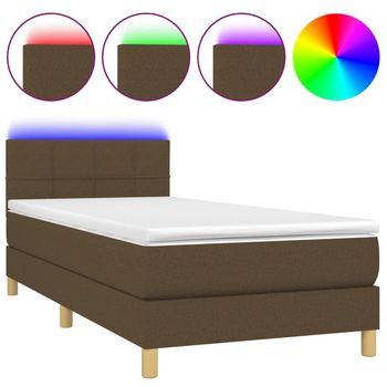 Cama Individual | Cama Para Adultos | Cama Box Spring Con Colchón Led Tela Marrón Oscuro 80x200 Cm
