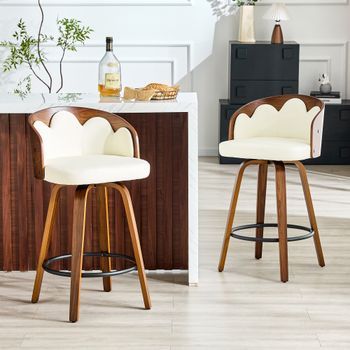 Set De 2 Taburetes De Bar - Mueble De Cocina - Madera Y Cuero Pu - Blanco (46.5x41.5x89cm)