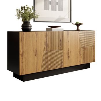 Aparador - Mueble Para Salón - Tablero De Partículas - Negro Y Madera (160x40x72cm)