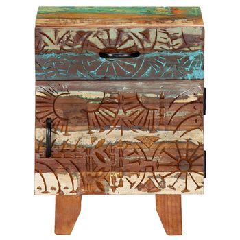 Mesita De Noche | Mesa Auxiliar | Mesilla Tallada A Mano Madera Reciclada 40x30x50 Cm