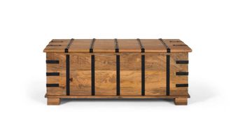Mesa baúl fabricada en madera de mango maciza con acabado natural