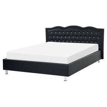 Cama Con Somier De Piel Sintética Negro Plateado 160 X 200 Cm Cabecero Botones Metz