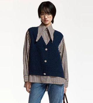 Essentiel Antwerp para mujer. KUTE Camisa con chaleco de punto integrado marino (XS), Casual, Algodón, Manga larga