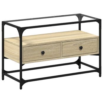 Mueble Tv | Mueble De Salón | Gabinete De Tv Cristal Y Madera Ingeniería Roble Sonoma 80x35x51 Cm