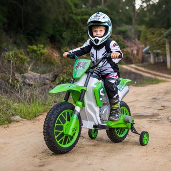 Moto Eléctrica Niños +3 Años 12v Con 2 Ruedas Auxiliares Verde Homcom