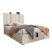cama individual 90x200 con almacenamiento estructura de cama con respaldo acabado en lino beige led rgb controlado por app y mando a distancia puerto de carga usb type-c laton de madera sin colchon