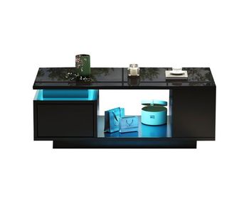 Mesa de centro 100x50x36cm - led, alto brillo, cajón y estantes laterales - negro