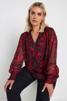 Yours Blusa Roja Y Negra De Flores Con Tachas, Mujer Curvy Y Tallas Grandes, Yours