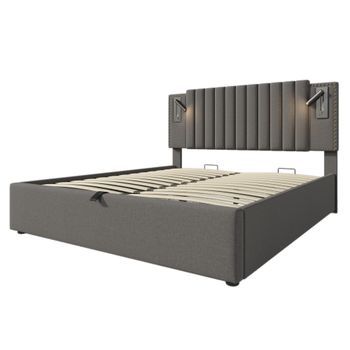 Cama Gris De Algodón Y Lino 180 X 200 Cm Con Almacenaje Hidráulico, Luces De Lectura, 2 Usb Y 2 Usb-c