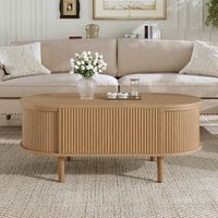mesa de centro elevable ovalada con almacenaje 100 x 48 x 535 cm color roble