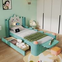 cama infantil 90x200 cm azul-verde en forma de nube con lampara led y usb cajon de almacenamiento mesa abatible y barrera de seguridad