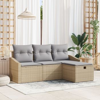 Conjunto De Sofá De Jardín De 4 Piezas Con Cojines Beige De Ratán Poliéster V7009 Unico / Beige