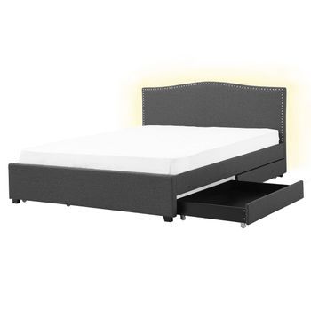 Cama Tapizada En Poliéster Gris 160 X 200 Cm Diseño Tradicional Con Cabecero Glamour Con Almacenaje Y Led Blanca Montpellier
