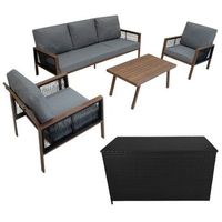conjunto para exteriores de aluminio 5 plazas 4piezas efecto madera  caja en ratan