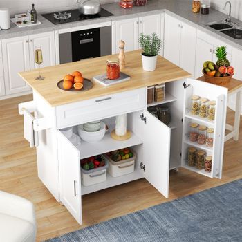 Isla De Cocina Móvil Con Ruedas, Encimera Plegable Efecto Roble, 132,5 X 44/70 X 90 Cm