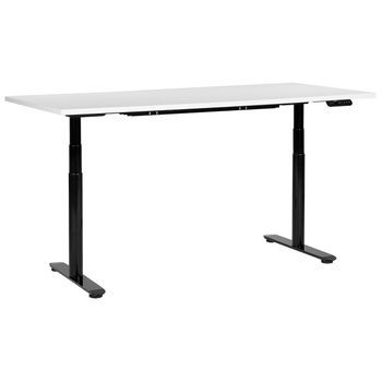 Escritorio De Altura Regulable Eléctrico Diseño Moderno Patas Redondas 180 X 80 Cm Tablero Blanco Soporte De Acero Negro Destinas