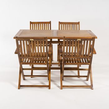 Conjunto Para Jardín De Madera Teca, Mesa Rectangular 140 Cm Y 4 Sillones Plegables, Madera Teca Grado A, Tratamiento Al Agua Aplicado, Juego De Comedor De Teka, Set Sillas Y Mesa De Teka, Set Terraza